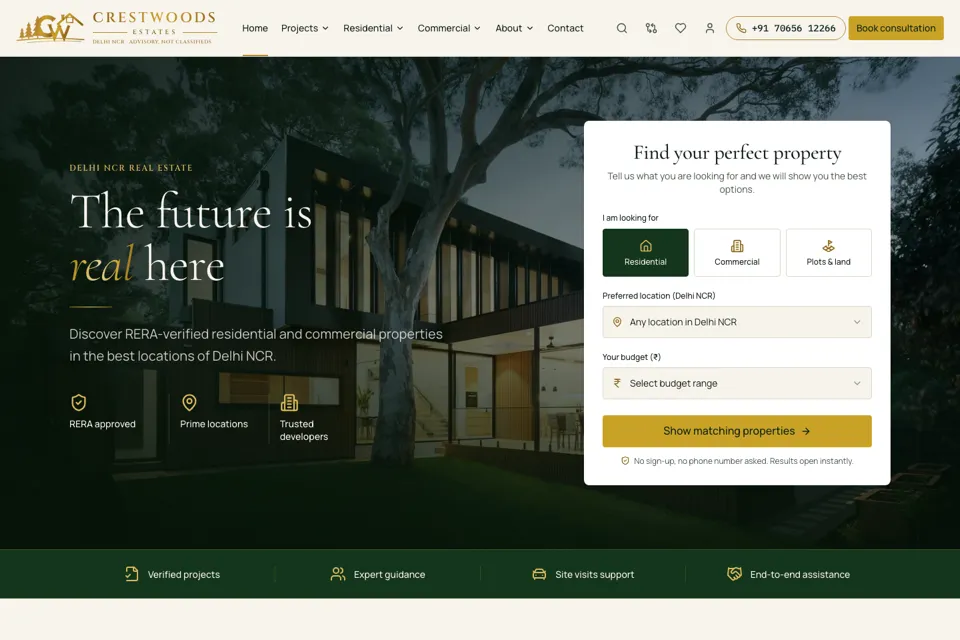Screenshot of the Crestwoods Estates website (crestwoodsestates.com)