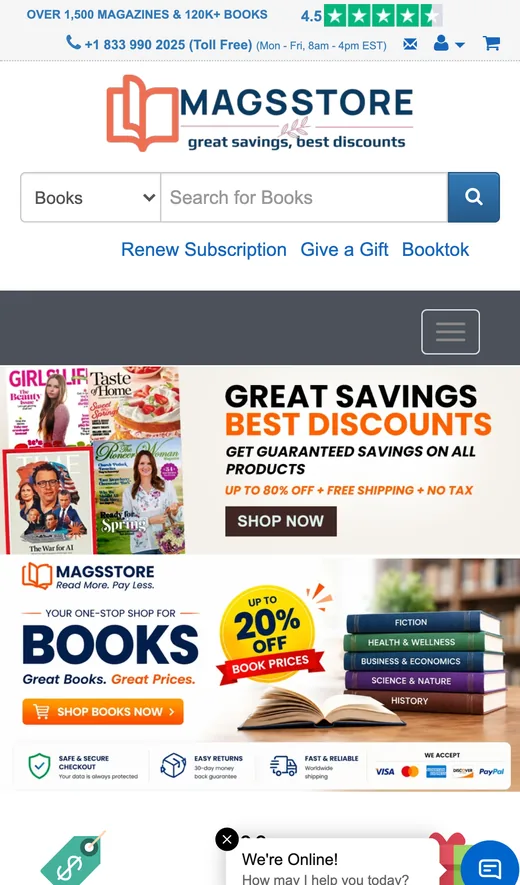 Mobile screenshot of the MagsStore website (magsstore.com)