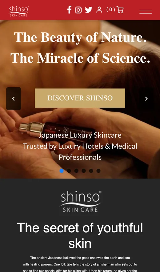 Mobile screenshot of the Shinso Skin Care website (shinsoskincare.com)